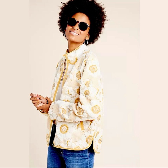 NWOT Anthropologie Tilly Embroidered Sherpa Jacket FLORAL YELLOW/CREAM - SIZE S - Picture 1 of 5